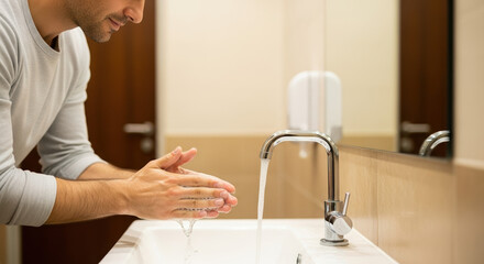 A man washing his hands with soap and water in a bathroom sink. Personal hygiene and health care for disease prevention concept