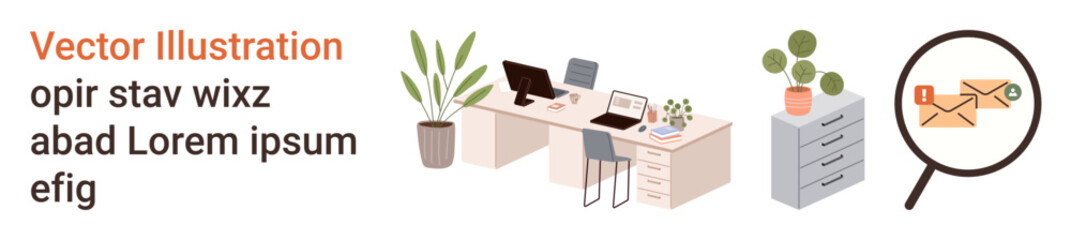 Office organization, email investigation, workplace concepts, remote work, productivity tools, digital correspondence. Workspace with desks, plants, and magnifying glass focusing on an envelope
