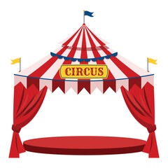 Classic carnival big top tent with red stripes blue trim yellow flags open curtain entrance round stage platform vector graphic illustration