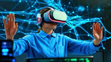 Virtual reality headset user interacting with digital interface woman wearing immersive goggles technology exploring cyberspace augmented experience futuristic simulation development engineering innov - Powered by Adobe