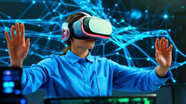 Virtual reality headset user interacting with digital interface woman wearing immersive goggles technology exploring cyberspace augmented experience futuristic simulation development engineering innov