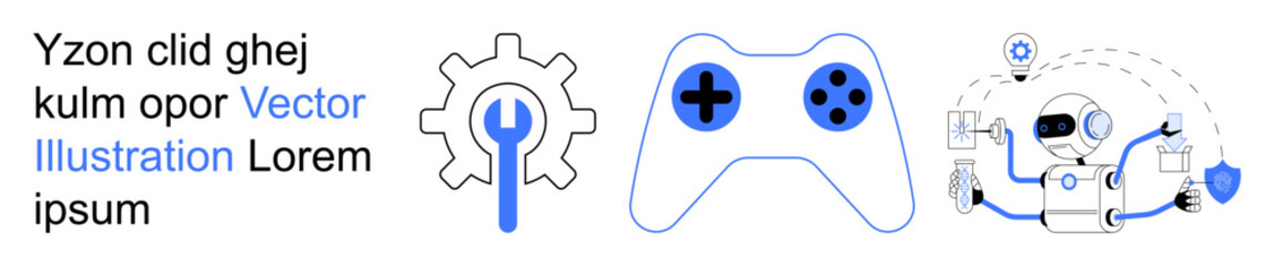 Fototapeta premium Gaming, technology, repair tools, entertainment, cybersecurity, AI. Gear, wrench game controller robot with shield. Gaming and technology concept combining repair and cybersecurity