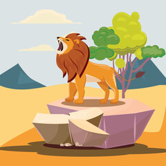 Wild lion king animal roar on stone cliff with tree foliage scenic landscape, outdoor nature vector illustration for safari banner decoration