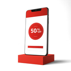 Smartphone with 50 percent off sale promotion on screen, mobile shopping concept
