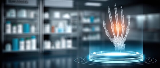 Detailed view of a skeleton hand displaying a hologram inside a futuristic laboratory setting at a close range