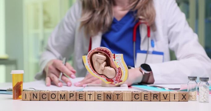 Wooden blocks on medical desk spell words Incompetent Cervix near uterus model. Woman doctor writes pregnancy notes evaluating cervical problem