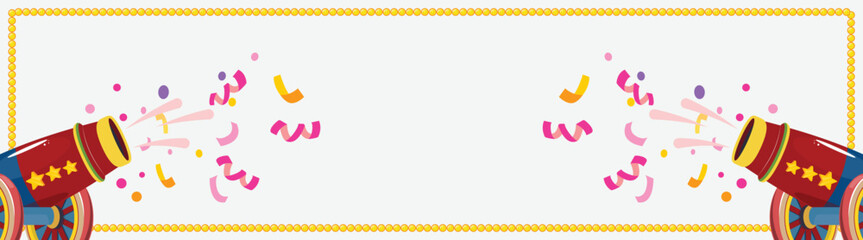 Confetti shooters decorate horizontal border with ribbons and dots, cheerful backdrop for promo coupon or event sale web header design.