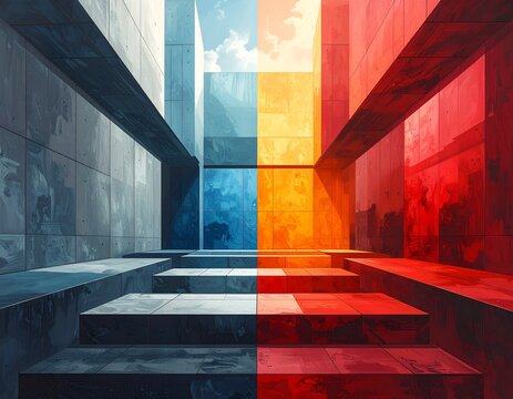 Abstract Architectural Composition - A Colorful Perspective of Steps and Walls. - Powered by Adobe