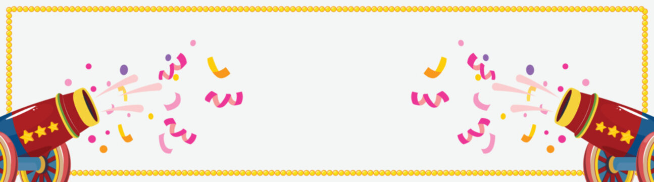 Confetti shooters decorate horizontal border with ribbons and dots, cheerful backdrop for promo coupon or event sale web header design.