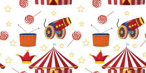 Colorful carnival icons arranged in repeat: big top, jester hat, sweets, percussion, star shapes