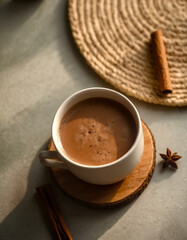 Cozy hot chocolate mug with cinnamon and star anise on a wooden coaster. Warm autumn aesthetic with dramatic sunlight shadows.