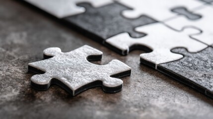 Interlocking White and Gray Puzzle Pieces on Dark Surface.