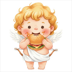 Cute Cupid Angel Eating Burger Watercolor Vector Illustration on White Background
