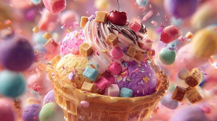 Whimsical Colorful Ice Cream Cone Overflowing with Candies and Toppings.