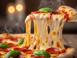 Delicious pepperoni pizza slice with stretchy melted cheese and fresh basil leaves