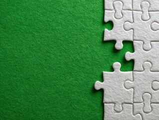 Incomplete White Jigsaw Puzzle on Green Felt Background.