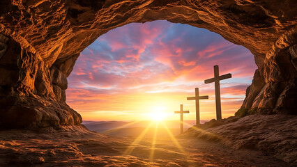 Easter Resurrection: Empty Tomb Cave with Three Crosses at Golden Sunrise, Symbol of Hope and Christian Faith