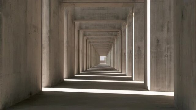 Endless concrete corridor with repeating square frames and soft natural light creating strong perspective, architectural symmetry and minimal spatial depth