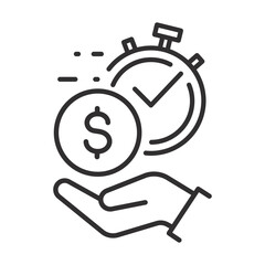 Fast money icon, easy instant loan, loan payment, hand, cash, stopwatch, finance thin line symbol for web and mobile, editable stroke vector illustration
