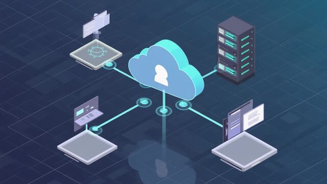 Cloud computing data synchronization connecting laptops and server in digital technology environment with isometric view
