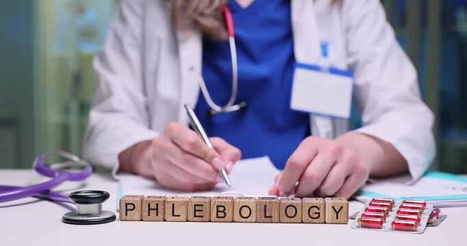 Wooden blocks on desk spell word Phlebology by stethoscope and capsule blister. Lady doctor writes notes about vein disease preparing treatment scheme