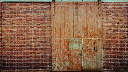 Mur de brique et porte en bois d&eacute;cr&eacute;pit.