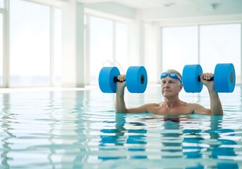 Senior man exercising with dumbbells in an indoor swimming pool, practicing aqua fitness and water aerobics, representing active aging, rehabilitation, strength training, healthy lifestyle