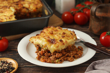 A shepherd's pie, freshly backed and ready to be served. Traditional English dish	