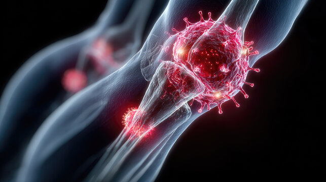 Knee joint showing inflammation and active infection, virus or bacteria damaging cartilage and bone, medical illustration displaying health problem and body pain