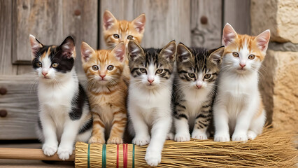 Six Adorable Little Kittens Grouped Together on a Rustic Broom