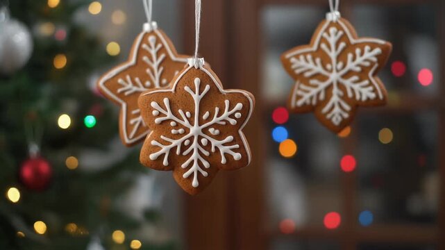 Close-up of three star-shaped gingerbread cookies decorated with white icing, hanging in front of a blurred Christmas tree.