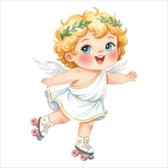 Cute Cupid Angel Roller Skating Watercolor Vector Illustration on White Background
