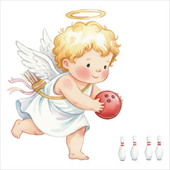 Cute Cupid Angel Bowling Watercolor Vector Illustration on White Background
