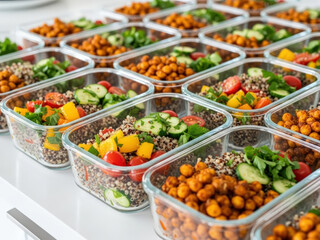 Obraz premium Healthy meal prep containers filled with quinoa salad and roasted chickpeas