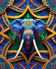 Mystical Elephant Surrounded by Colorful Sacred Designs, Vector Elephant T-shirt Design