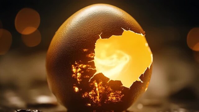 Cracked egg emits soft golden light in a mystical setting