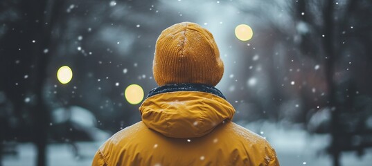Person Standing in a Frosty Natural Location, Observing Snowfall Under Bright Orange Light