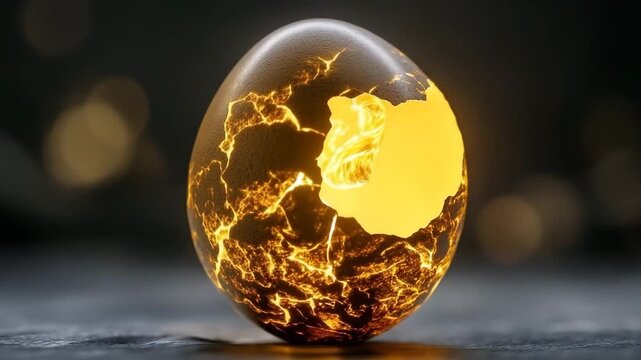 Cracked egg emits soft golden light in a mystical setting