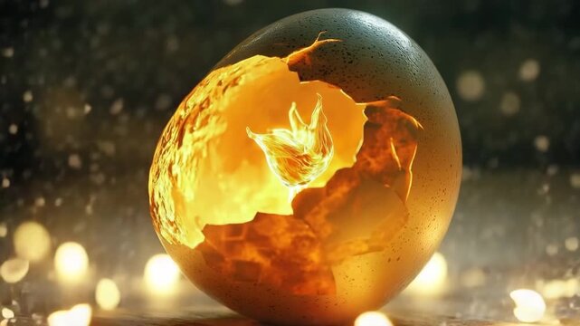 Cracked egg emits soft golden light in a mystical setting