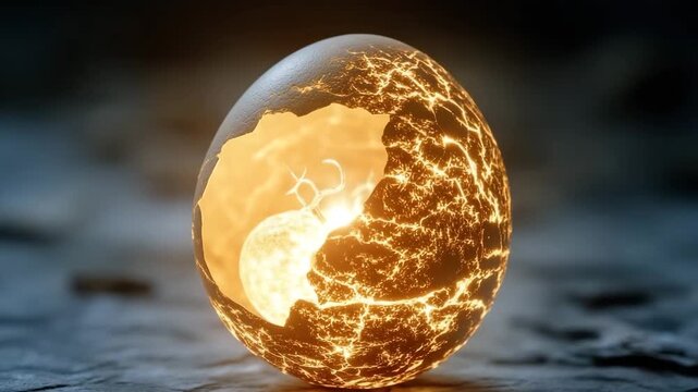 Cracked egg emits soft golden light in a mystical setting