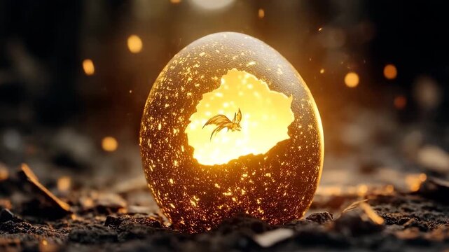 Cracked egg emits soft golden light in a mystical setting