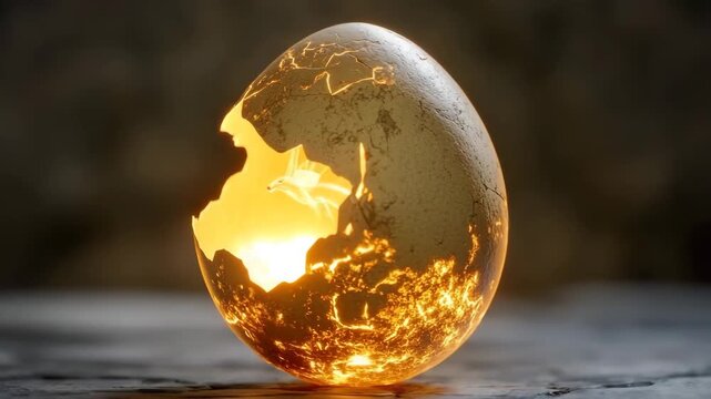 Cracked egg emits soft golden light in a mystical setting