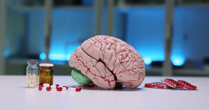 Variety of tablets in different shapes and colors lie spread across table. Anatomical model of human brain stands prominently in center of desk