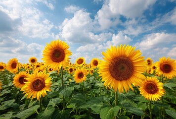 Obraz premium Sunflower field close-up under blue sky and white clouds bright summer flower natural landscape 