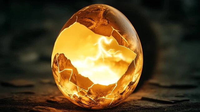 Cracked egg emits soft golden light in a mystical setting