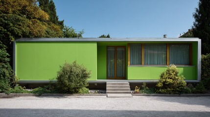 Modern Green Facade Contemporary House Exterior in Autumn Setting.