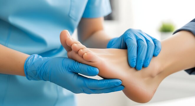 Healthcare professional examining a patient’s foot while wearing medical gloves, representing podiatry care, foot health assessment, physiotherapy treatment, injury prevention, and professional clinic - Powered by Adobe
