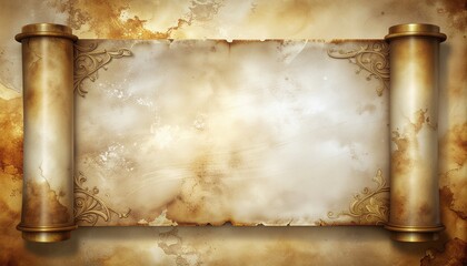 Aged parchment scroll with ornate golden ends, evoking a sense of history and fantasy adventure