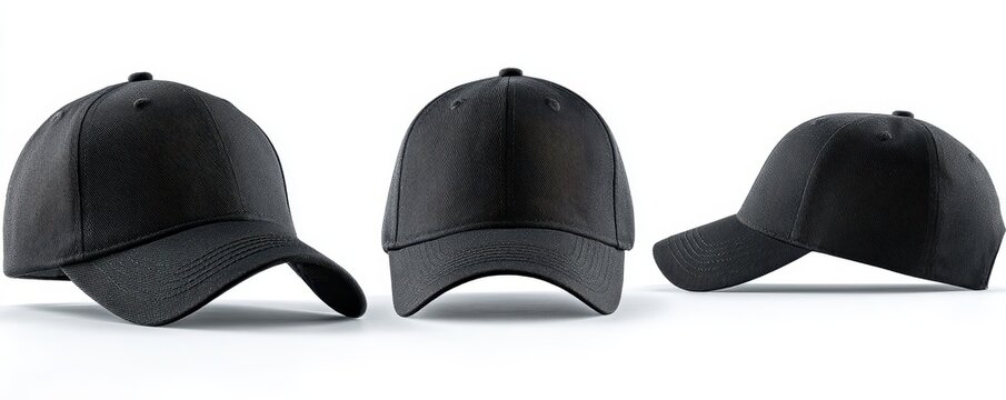 Three black textured baseball caps mock-up presentation isolated on a white background, showing different angles for branding design. Customizable uniform hat template concept.