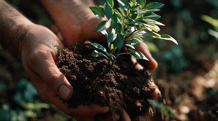 close-up shot of human hands holding small tree sapling with rich soil, natural daylight soft focus background environmental conservation concept cinematic macro video - Powered by Adobe